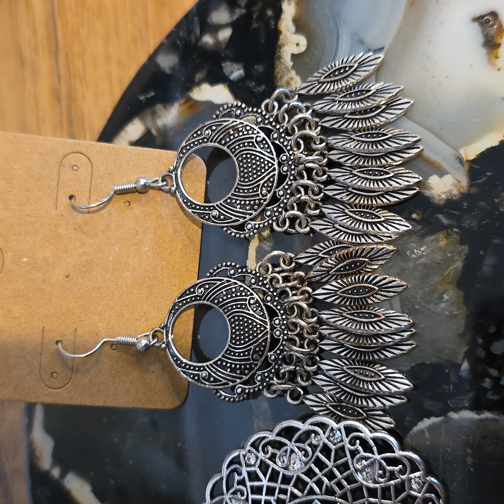 Silver and Yellow Boho Earrings Set Of 3 - Picture 3 of 4